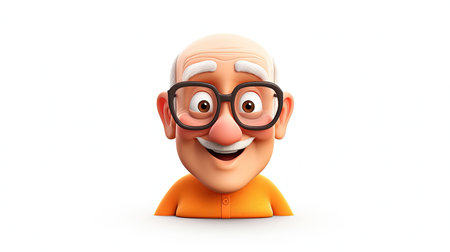 Beautiful digital image of an old man with an angelic expression The man is wearing an orange shirt and has an emoji face character The image has a white background with 3D depth and a hyperrealistic emoji styleの素材