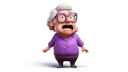 A stunning digital image of a woman in a red shirt with an emoji face character on a white background The image has an impressive 3D depth and a hyperrealistic styleの素材