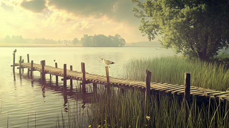 Spectacular softedged image of bird watching over the water in a style reminiscent of Anton Mauve and Charles Tunnicliffe Serene and harmonious with hyperrealistic water Job ID 55566d31e4db4921b80825d716c927fdの素材