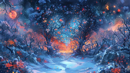 A beautiful kaleidoscopic image of winter scenery that evokes feelings of romance and nostalgia The intricate details and dark undertones create a lovely and captivating artworkの素材