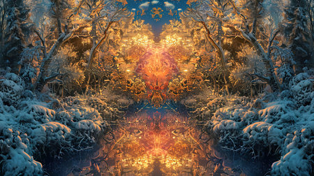 A beautiful kaleidoscopic image of winter scenery that evokes feelings of romance and nostalgia The intricate details and dark undertones create a lovely and captivating artworkの素材