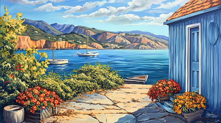 A vibrant and lively portrayal of a colorful scene at the end of the afternoon sun This artwork captures the essence of coastal and harbor views with a touch of whimsical charm It brings together the joy of village life and the playful chaos of everyday hustle Truly a visual delightの素材