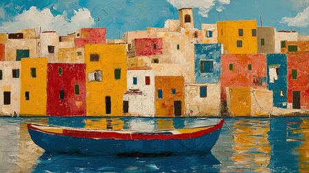 A vibrant and lively portrayal of a colorful scene at the end of the afternoon sun This artwork captures the essence of coastal and harbor views with a touch of whimsical charm It brings together the joy of village life and the playful chaos of everyday hustle Truly a visual delightの素材