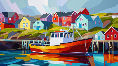 A vibrant and lively portrayal of a colorful scene at the end of the afternoon sun This artwork captures the essence of coastal and harbor views with a touch of whimsical charm It brings together the joy of village life and the playful chaos of everyday hustle Truly a visual delightの素材