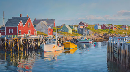 A vibrant and lively portrayal of a colorful scene at the end of the afternoon sun This artwork captures the essence of coastal and harbor views with a touch of whimsical charm It brings together the joy of village life and the playful chaos of everyday hustle Truly a visual delightの素材