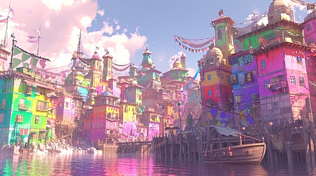 A vibrant and lively portrayal of a colorful scene at the end of the afternoon sun This artwork captures the essence of coastal and harbor views with a touch of whimsical charm It brings together the joy of village life and the playful chaos of everyday hustle Truly a visual delightの素材