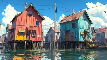 A vibrant and lively portrayal of a colorful scene at the end of the afternoon sun This artwork captures the essence of coastal and harbor views with a touch of whimsical charm It brings together the joy of village life and the playful chaos of everyday hustle Truly a visual delightの素材