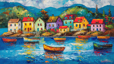 A vibrant and lively portrayal of a colorful scene at the end of the afternoon sun This artwork captures the essence of coastal and harbor views with a touch of whimsical charm It brings together the joy of village life and the playful chaos of everyday hustle Truly a visual delightの素材