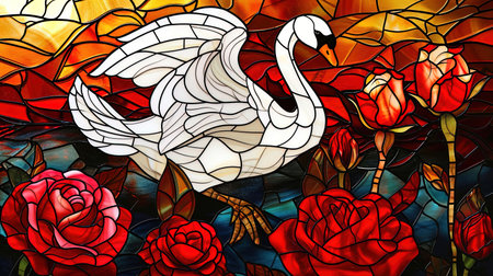 An enchanting stained glass window with a mesmerizing depiction of the rose of swans The artwork showcases a dark crimson and light amber color palette creating a gothic atmosphere The vibrant stage backdrops and intricate whimsical details add to its charm Created using a vibrant palette knife technique with bold and vibrant primary colorsの素材