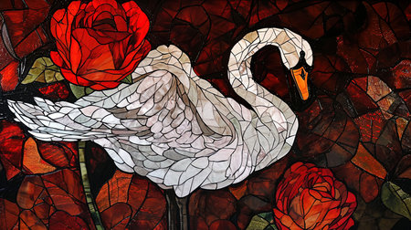 An enchanting stained glass window with a mesmerizing depiction of the rose of swans The artwork showcases a dark crimson and light amber color palette creating a gothic atmosphere The vibrant stage backdrops and intricate whimsical details add to its charm Created using a vibrant palette knife technique with bold and vibrant primary colorsの素材