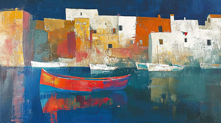 A vibrant and lively portrayal of a colorful scene at the end of the afternoon sun This artwork captures the essence of coastal and harbor views with a touch of whimsical charm It brings together the joy of village life and the playful chaos of everyday hustle Truly a visual delightの素材