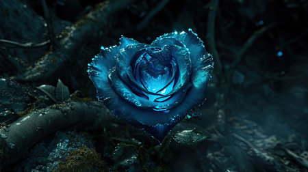 A captivating image of a heartshaped blue rose with a heart in the middle created in the style of enchanting realms The bioluminescence adds an extra touch of beauty to this 32k UHD image The sgrafitto technique enhances the intricate details Truly a beautiful chaos captured in this imageの素材