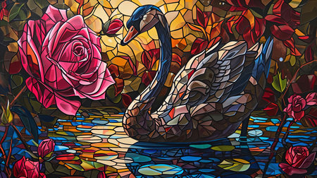An enchanting stained glass window with a mesmerizing depiction of the rose of swans The artwork showcases a dark crimson and light amber color palette creating a gothic atmosphere The vibrant stage backdrops and intricate whimsical details add to its charm Created using a vibrant palette knife technique with bold and vibrant primary colorsの素材