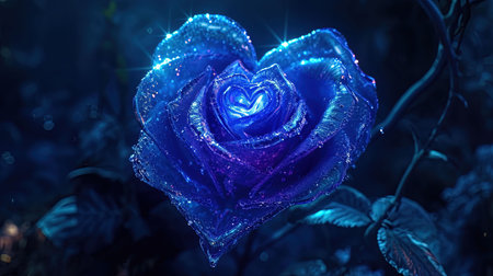 A captivating image of a heartshaped blue rose with a heart in the middle created in the style of enchanting realms The bioluminescence adds an extra touch of beauty to this 32k UHD image The sgrafitto technique enhances the intricate details Truly a beautiful chaos captured in this imageの素材