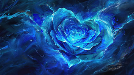 A captivating image of a heartshaped blue rose with a heart in the middle created in the style of enchanting realms The bioluminescence adds an extra touch of beauty to this 32k UHD image The sgrafitto technique enhances the intricate details Truly a beautiful chaos captured in this imageの素材
