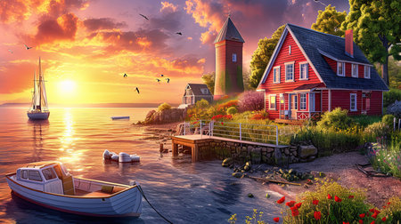 A vibrant and lively portrayal of a colorful scene at the end of the afternoon sun This artwork captures the essence of coastal and harbor views with a touch of whimsical charm It brings together the joy of village life and the playful chaos of everyday hustle Truly a visual delightの素材