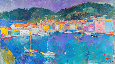 A vibrant and lively portrayal of a colorful scene at the end of the afternoon sun This artwork captures the essence of coastal and harbor views with a touch of whimsical charm It brings together the joy of village life and the playful chaos of everyday hustle Truly a visual delightの素材