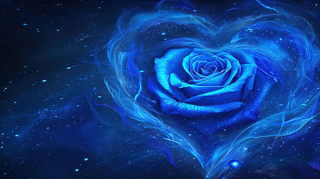 A captivating image of a heartshaped blue rose with a heart in the middle created in the style of enchanting realms The bioluminescence adds an extra touch of beauty to this 32k UHD image The sgrafitto technique enhances the intricate details Truly a beautiful chaos captured in this imageの素材