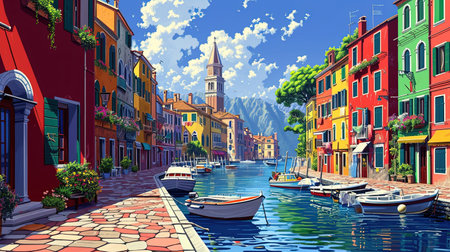 A vibrant and lively portrayal of a colorful scene at the end of the afternoon sun This artwork captures the essence of coastal and harbor views with a touch of whimsical charm It brings together the joy of village life and the playful chaos of everyday hustle Truly a visual delightの素材