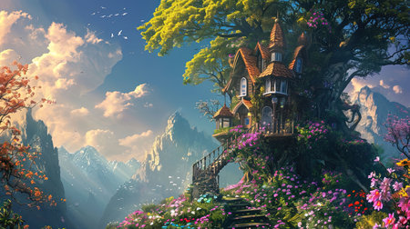 A painting of a whimsical tree house and flowers with spectacular backdrops and multilayered dimensions It has selkiecore and dreamlike architecture with rustic charm and a solarizing master touch Lovely and chaotic Job ID 1fe7212b087c488c93276180a4ee4a6fの素材