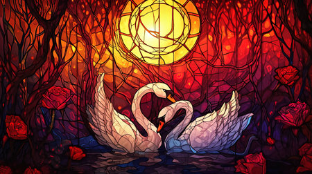 An enchanting stained glass window with a mesmerizing depiction of the rose of swans The artwork showcases a dark crimson and light amber color palette creating a gothic atmosphere The vibrant stage backdrops and intricate whimsical details add to its charm Created using a vibrant palette knife technique with bold and vibrant primary colorsの素材