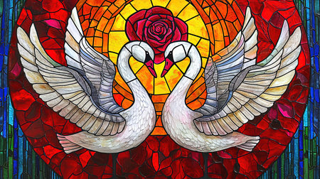 An enchanting stained glass window with a mesmerizing depiction of the rose of swans The artwork showcases a dark crimson and light amber color palette creating a gothic atmosphere The vibrant stage backdrops and intricate whimsical details add to its charm Created using a vibrant palette knife technique with bold and vibrant primary colorsの素材