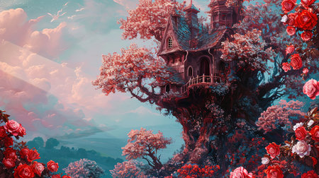 A painting of a whimsical tree house and flowers with spectacular backdrops and multilayered dimensions It has selkiecore and dreamlike architecture with rustic charm and a solarizing master touch Lovely and chaotic Job ID 1fe7212b087c488c93276180a4ee4a6fの素材