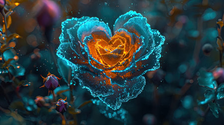 A captivating image of a heartshaped blue rose with a heart in the middle created in the style of enchanting realms The bioluminescence adds an extra touch of beauty to this 32k UHD image The sgrafitto technique enhances the intricate details Truly a beautiful chaos captured in this imageの素材