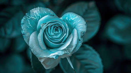 A captivating image of a heartshaped blue rose with a heart in the middle created in the style of enchanting realms The bioluminescence adds an extra touch of beauty to this 32k UHD image The sgrafitto technique enhances the intricate details Truly a beautiful chaos captured in this imageの素材