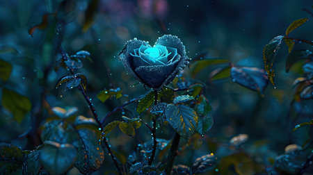 A captivating image of a heartshaped blue rose with a heart in the middle created in the style of enchanting realms The bioluminescence adds an extra touch of beauty to this 32k UHD image The sgrafitto technique enhances the intricate details Truly a beautiful chaos captured in this imageの素材