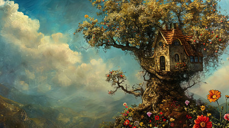 A painting of a whimsical tree house and flowers with spectacular backdrops and multilayered dimensions It has selkiecore and dreamlike architecture with rustic charm and a solarizing master touch Lovely and chaotic Job ID 1fe7212b087c488c93276180a4ee4a6fの素材