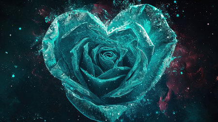 A captivating image of a heartshaped blue rose with a heart in the middle created in the style of enchanting realms The bioluminescence adds an extra touch of beauty to this 32k UHD image The sgrafitto technique enhances the intricate details Truly a beautiful chaos captured in this imageの素材