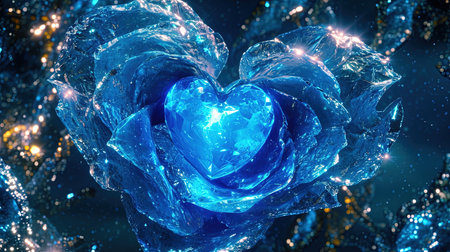 A captivating image of a heartshaped blue rose with a heart in the middle created in the style of enchanting realms The bioluminescence adds an extra touch of beauty to this 32k UHD image The sgrafitto technique enhances the intricate details Truly a beautiful chaos captured in this imageの素材