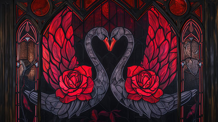 An enchanting stained glass window with a mesmerizing depiction of the rose of swans The artwork showcases a dark crimson and light amber color palette creating a gothic atmosphere The vibrant stage backdrops and intricate whimsical details add to its charm Created using a vibrant palette knife technique with bold and vibrant primary colorsの素材