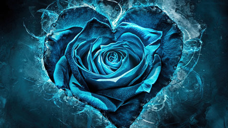 A captivating image of a heartshaped blue rose with a heart in the middle created in the style of enchanting realms The bioluminescence adds an extra touch of beauty to this 32k UHD image The sgrafitto technique enhances the intricate details Truly a beautiful chaos captured in this imageの素材