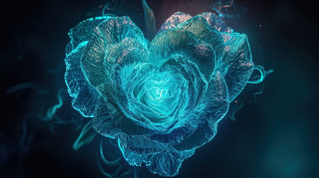 A captivating image of a heartshaped blue rose with a heart in the middle created in the style of enchanting realms The bioluminescence adds an extra touch of beauty to this 32k UHD image The sgrafitto technique enhances the intricate details Truly a beautiful chaos captured in this imageの素材