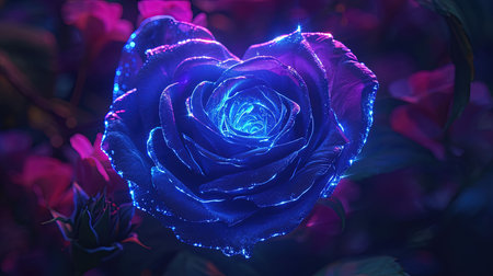 A captivating image of a heartshaped blue rose with a heart in the middle created in the style of enchanting realms The bioluminescence adds an extra touch of beauty to this 32k UHD image The sgrafitto technique enhances the intricate details Truly a beautiful chaos captured in this imageの素材