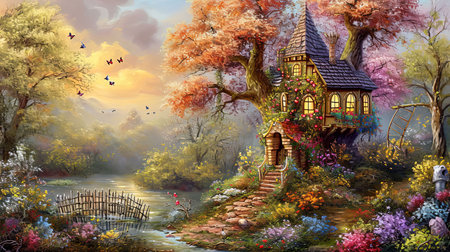 A painting of a whimsical tree house and flowers with spectacular backdrops and multilayered dimensions It has selkiecore and dreamlike architecture with rustic charm and a solarizing master touch Lovely and chaotic Job ID 1fe7212b087c488c93276180a4ee4a6fの素材