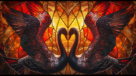 An enchanting stained glass window with a mesmerizing depiction of the rose of swans The artwork showcases a dark crimson and light amber color palette creating a gothic atmosphere The vibrant stage backdrops and intricate whimsical details add to its charm Created using a vibrant palette knife technique with bold and vibrant primary colorsの素材