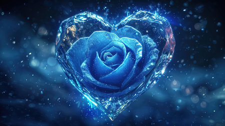 A captivating image of a heartshaped blue rose with a heart in the middle created in the style of enchanting realms The bioluminescence adds an extra touch of beauty to this 32k UHD image The sgrafitto technique enhances the intricate details Truly a beautiful chaos captured in this imageの素材