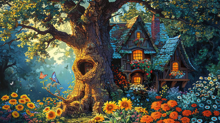A painting of a whimsical tree house and flowers with spectacular backdrops and multilayered dimensions It has selkiecore and dreamlike architecture with rustic charm and a solarizing master touch Lovely and chaotic Job ID 1fe7212b087c488c93276180a4ee4a6fの素材