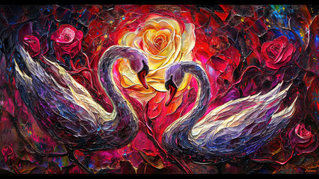 An enchanting stained glass window with a mesmerizing depiction of the rose of swans The artwork showcases a dark crimson and light amber color palette creating a gothic atmosphere The vibrant stage backdrops and intricate whimsical details add to its charm Created using a vibrant palette knife technique with bold and vibrant primary colorsの素材