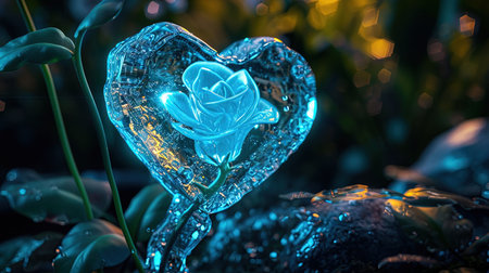 A captivating image of a heartshaped blue rose with a heart in the middle created in the style of enchanting realms The bioluminescence adds an extra touch of beauty to this 32k UHD image The sgrafitto technique enhances the intricate details Truly a beautiful chaos captured in this imageの素材