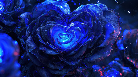 A captivating image of a heartshaped blue rose with a heart in the middle created in the style of enchanting realms The bioluminescence adds an extra touch of beauty to this 32k UHD image The sgrafitto technique enhances the intricate details Truly a beautiful chaos captured in this imageの素材