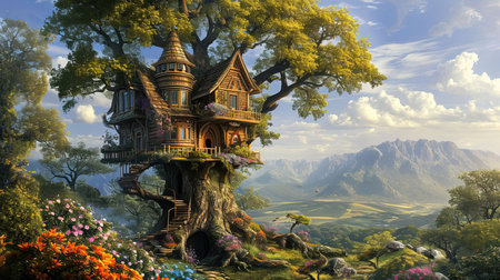 A painting of a whimsical tree house and flowers with spectacular backdrops and multilayered dimensions It has selkiecore and dreamlike architecture with rustic charm and a solarizing master touch Lovely and chaotic Job ID 1fe7212b087c488c93276180a4ee4a6fの素材