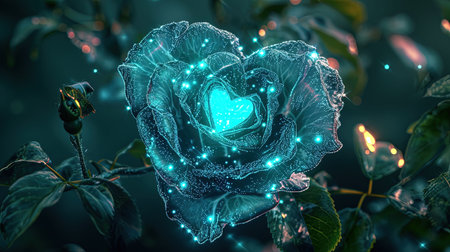 A captivating image of a heartshaped blue rose with a heart in the middle created in the style of enchanting realms The bioluminescence adds an extra touch of beauty to this 32k UHD image The sgrafitto technique enhances the intricate details Truly a beautiful chaos captured in this imageの素材