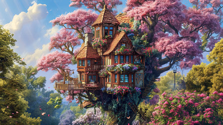 A painting of a whimsical tree house and flowers with spectacular backdrops and multilayered dimensions It has selkiecore and dreamlike architecture with rustic charm and a solarizing master touch Lovely and chaotic Job ID 1fe7212b087c488c93276180a4ee4a6fの素材