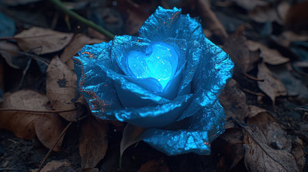 A captivating image of a heartshaped blue rose with a heart in the middle created in the style of enchanting realms The bioluminescence adds an extra touch of beauty to this 32k UHD image The sgrafitto technique enhances the intricate details Truly a beautiful chaos captured in this imageの素材