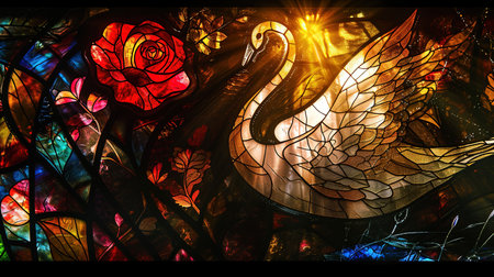 An enchanting stained glass window with a mesmerizing depiction of the rose of swans The artwork showcases a dark crimson and light amber color palette creating a gothic atmosphere The vibrant stage backdrops and intricate whimsical details add to its charm Created using a vibrant palette knife technique with bold and vibrant primary colorsの素材