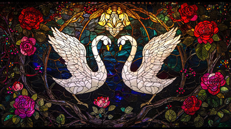 An enchanting stained glass window with a mesmerizing depiction of the rose of swans The artwork showcases a dark crimson and light amber color palette creating a gothic atmosphere The vibrant stage backdrops and intricate whimsical details add to its charm Created using a vibrant palette knife technique with bold and vibrant primary colorsの素材